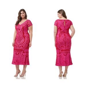 JS Collections Women Size 12 Pink Embroidered Midi Dress Formal Cocktail Party